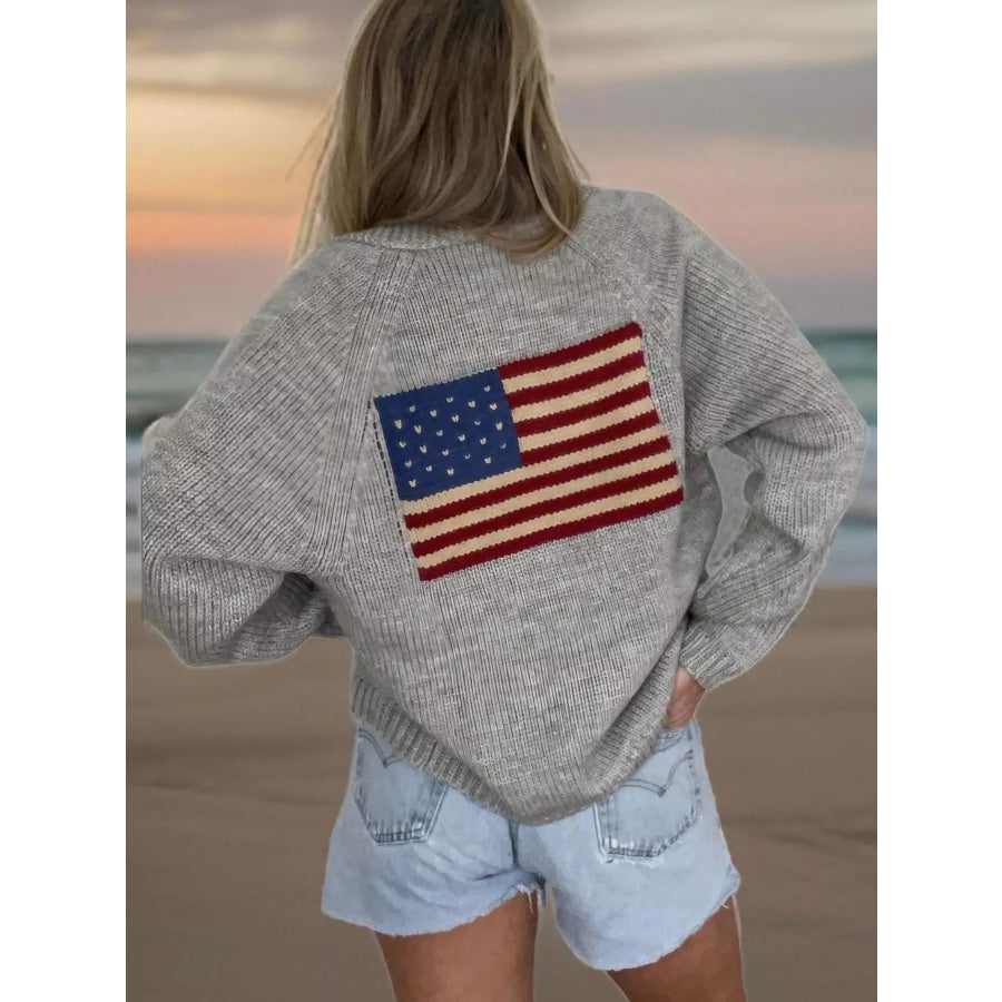 USA Flag Chunky Knit Button-Down Cardigan Light Gray / S Apparel and Accessories