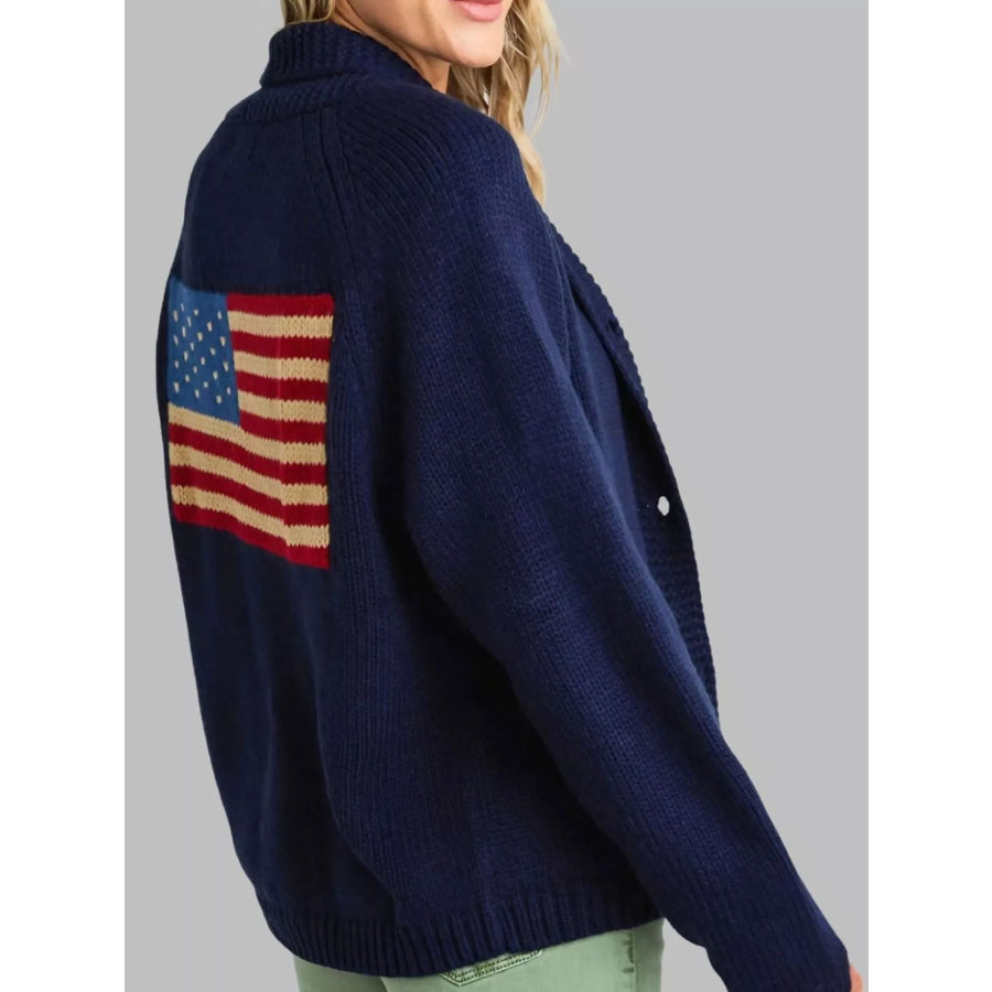 USA Flag Chunky Knit Button-Down Cardigan Navy Blue / S Apparel and Accessories