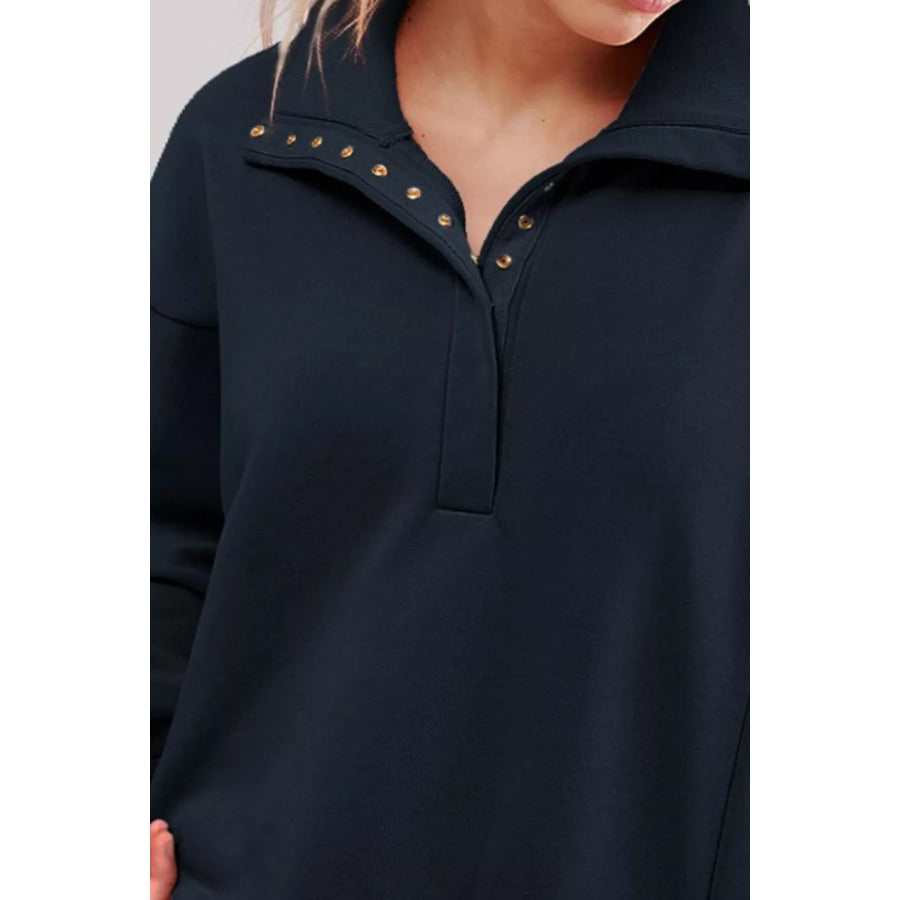 uttoned Collared Raw Detail High Low Baggy Sweatshirt with Slits Apparel and Accessories