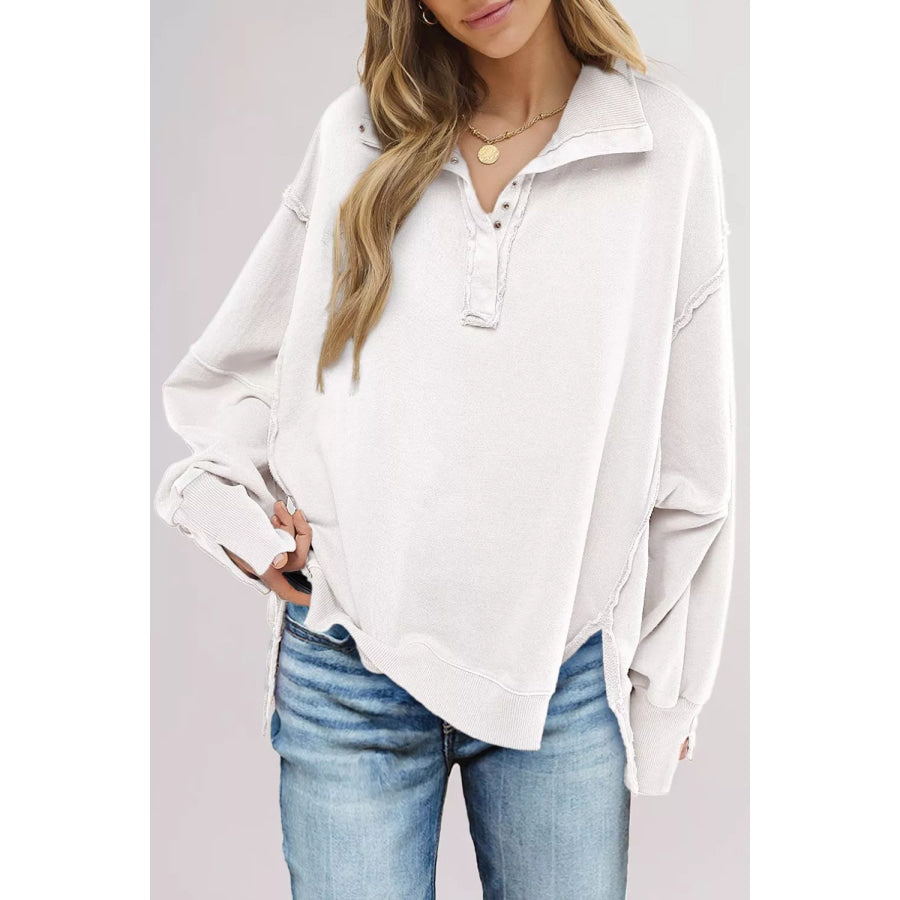 uttoned Collared Raw Detail High Low Baggy Sweatshirt with Slits Apparel and Accessories