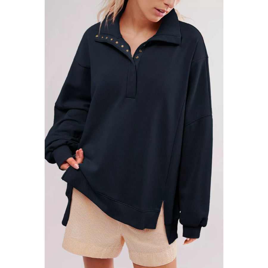 uttoned Collared Raw Detail High Low Baggy Sweatshirt with Slits Dark Navy / S Apparel and Accessories