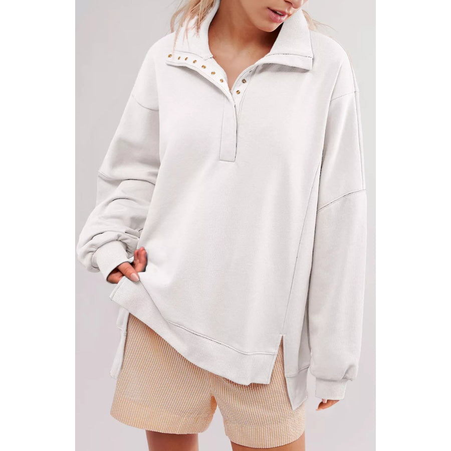 uttoned Collared Raw Detail High Low Baggy Sweatshirt with Slits White / S Apparel and Accessories