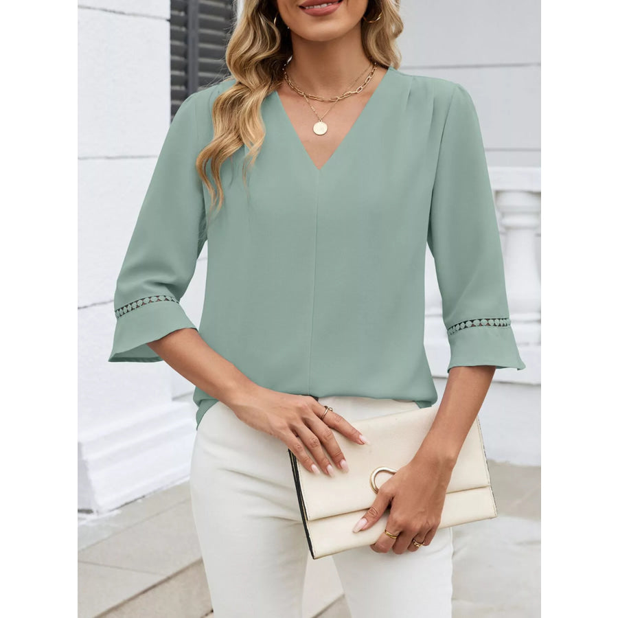 V-Neck 3/4 Sleeve Blouse Bean Green / S Apparel and Accessories