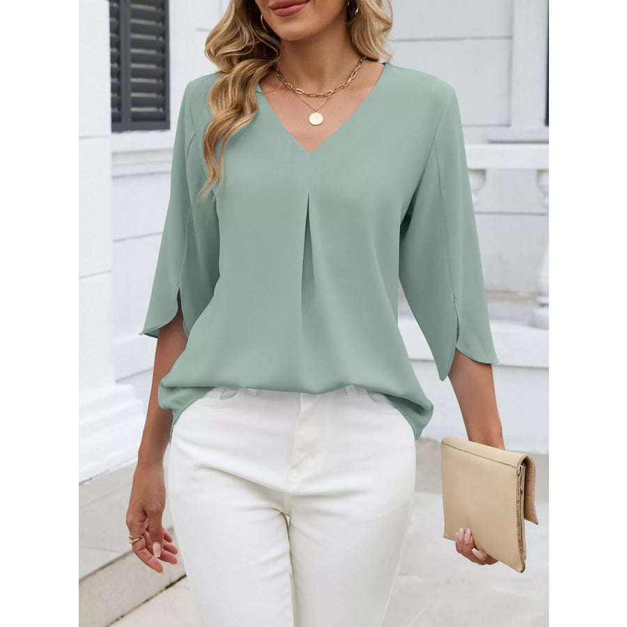 V-Neck 3/4 Sleeve Blouse Bean Green / S Apparel and Accessories