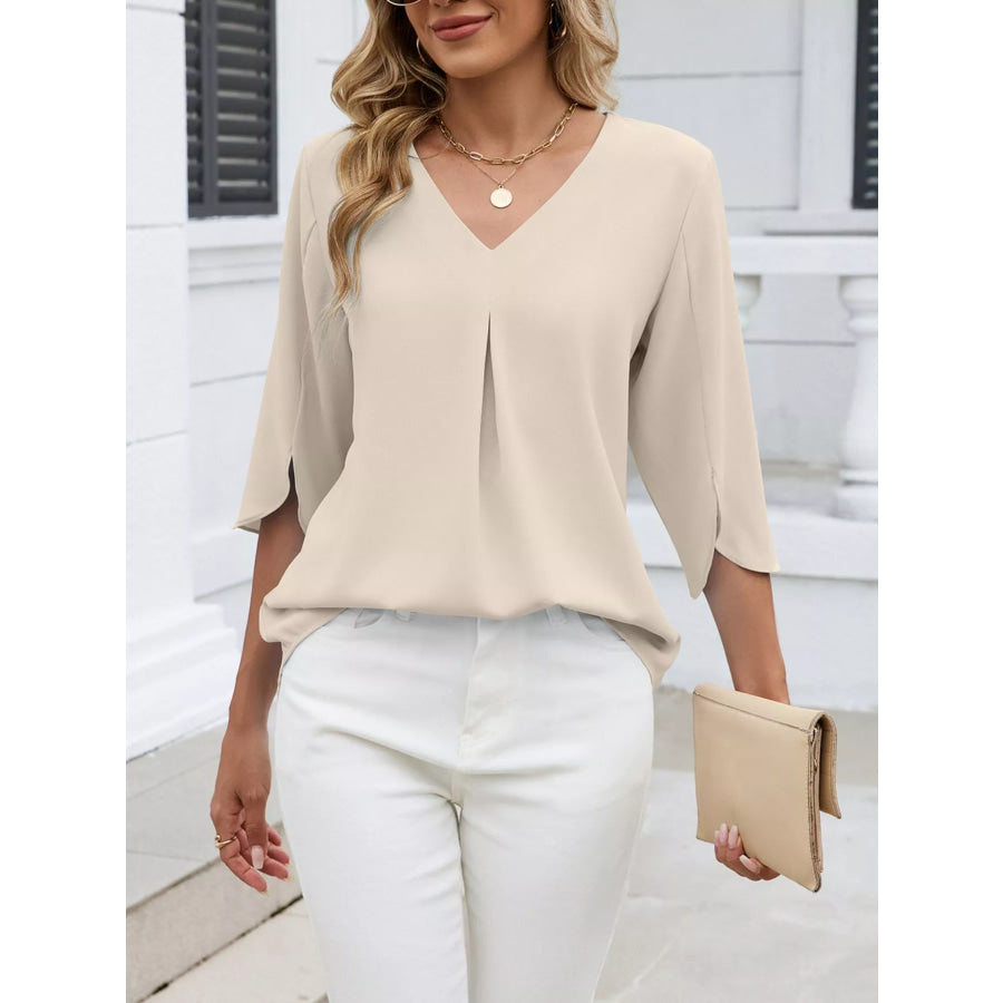 V-Neck 3/4 Sleeve Blouse Beige / S Apparel and Accessories
