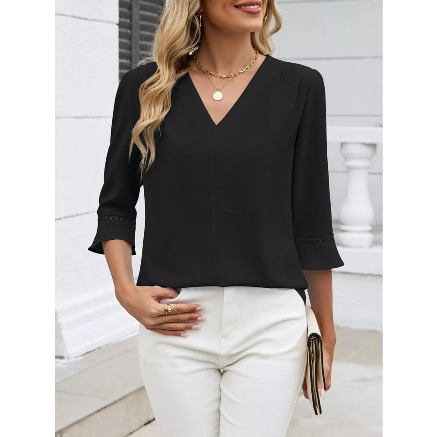 V-Neck 3/4 Sleeve Blouse Black / S Apparel and Accessories