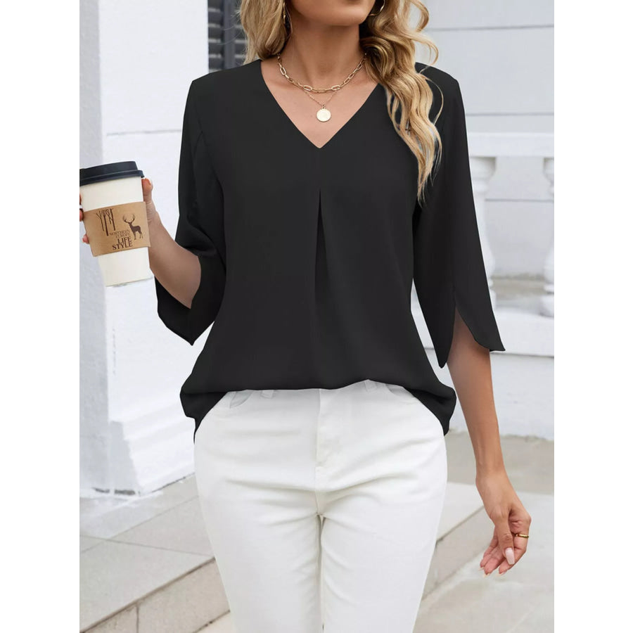 V-Neck 3/4 Sleeve Blouse Black / S Apparel and Accessories