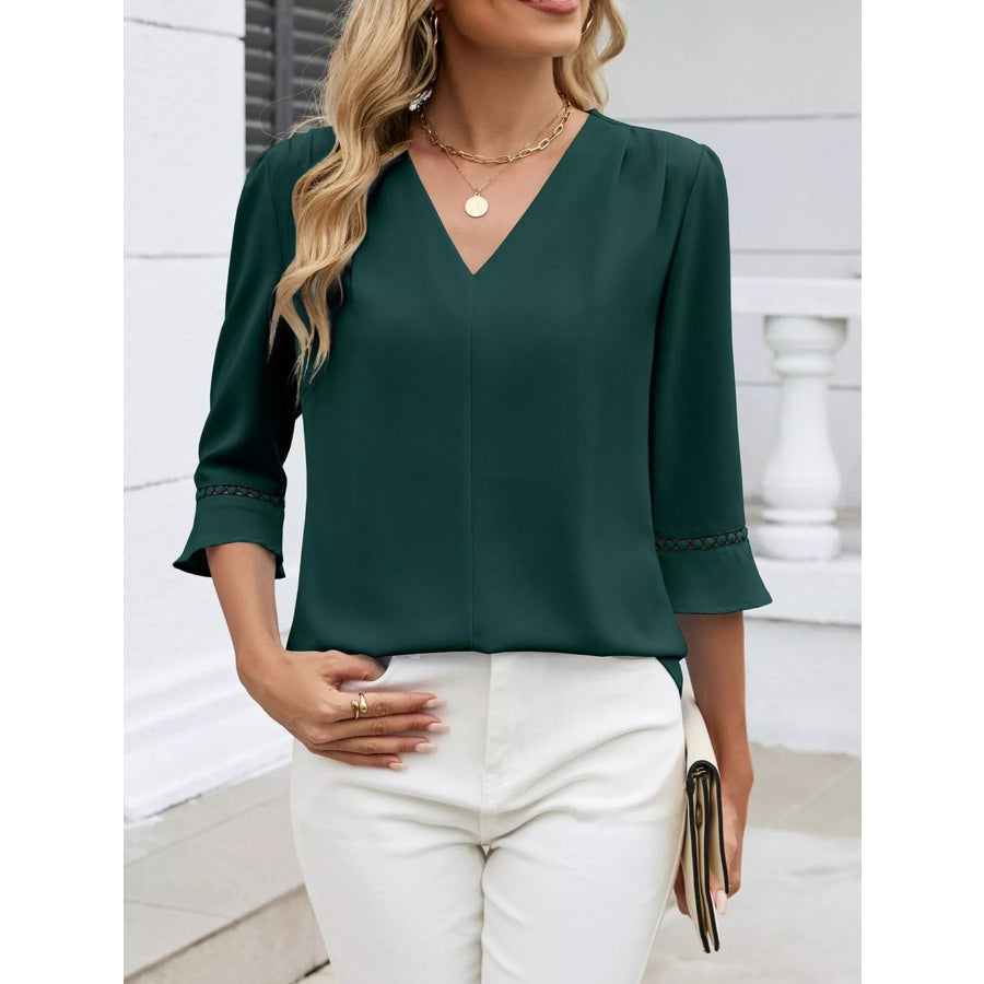 V-Neck 3/4 Sleeve Blouse Dark Green / S Apparel and Accessories