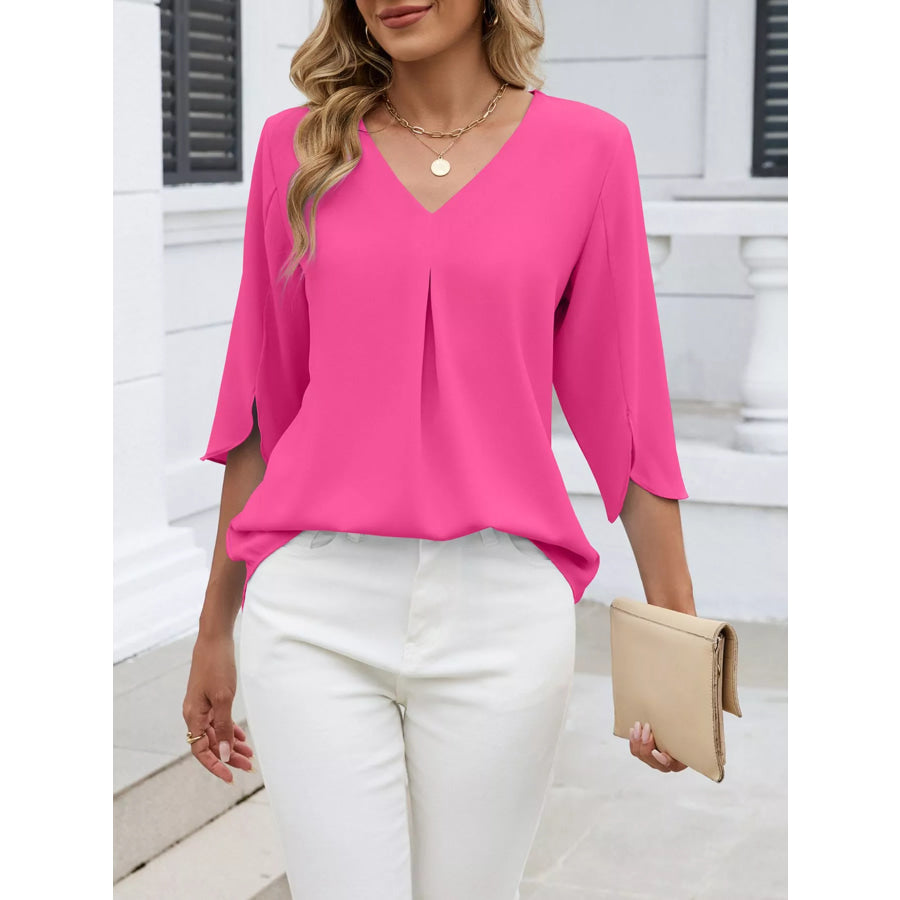 V-Neck 3/4 Sleeve Blouse Hot Pink / S Apparel and Accessories