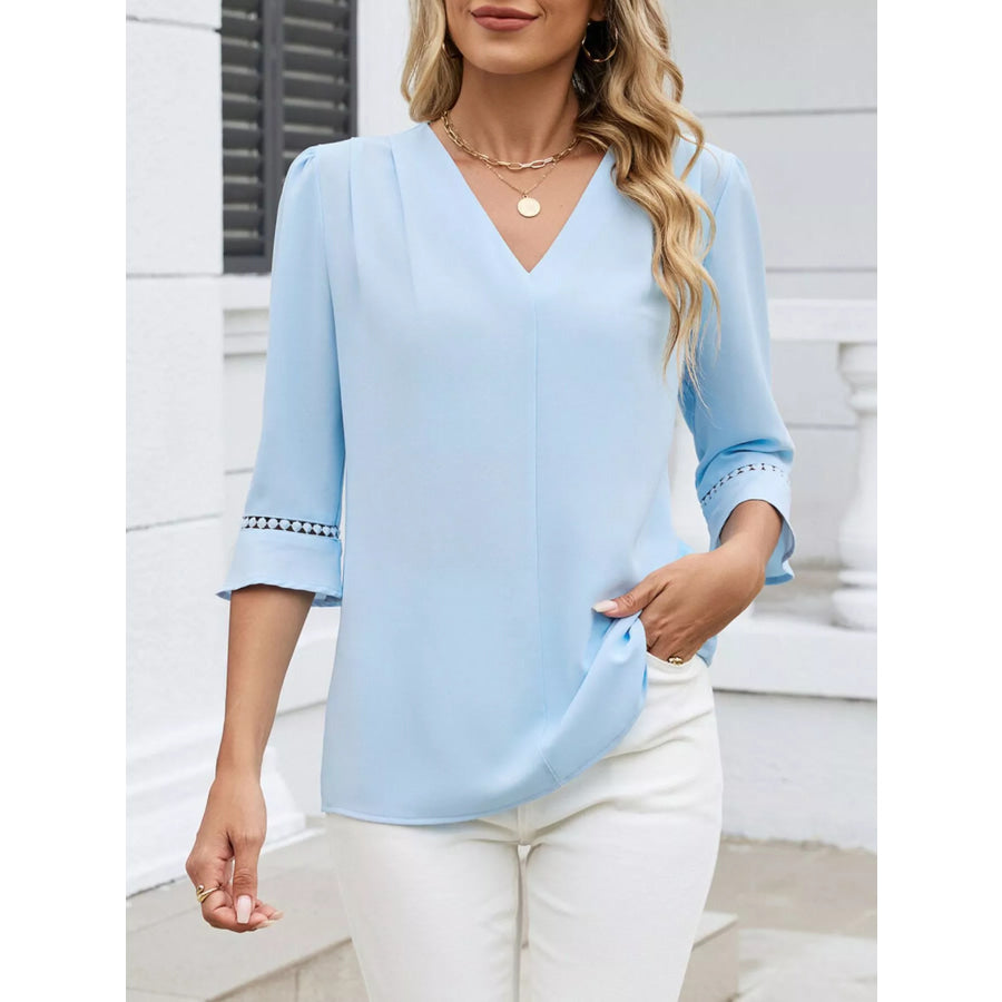 V-Neck 3/4 Sleeve Blouse Sky Blue / S Apparel and Accessories