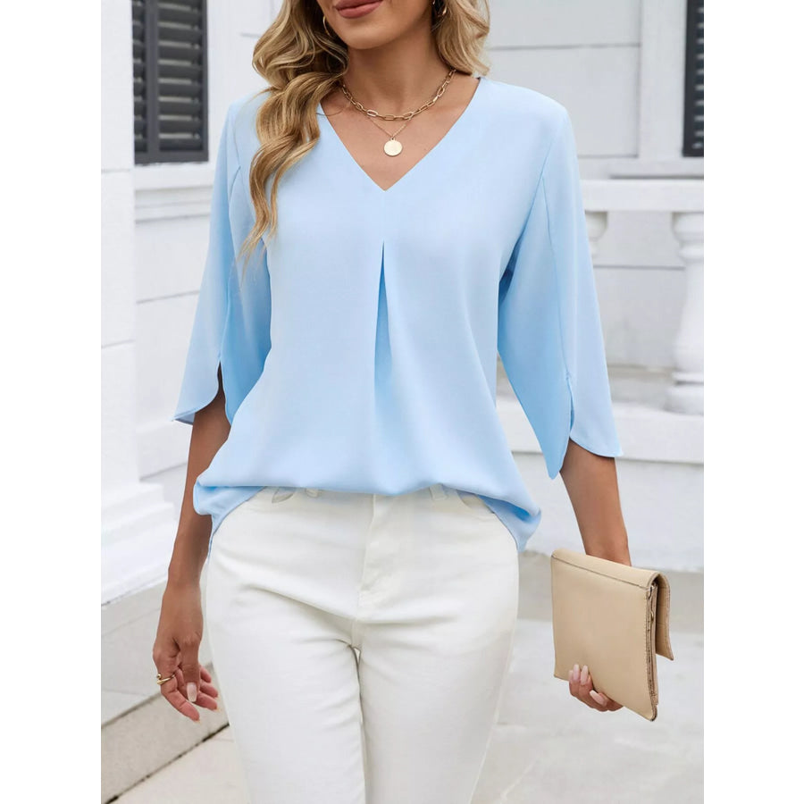 V-Neck 3/4 Sleeve Blouse Sky Blue / S Apparel and Accessories