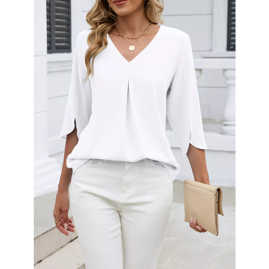 V-Neck 3/4 Sleeve Blouse White / S Apparel and Accessories