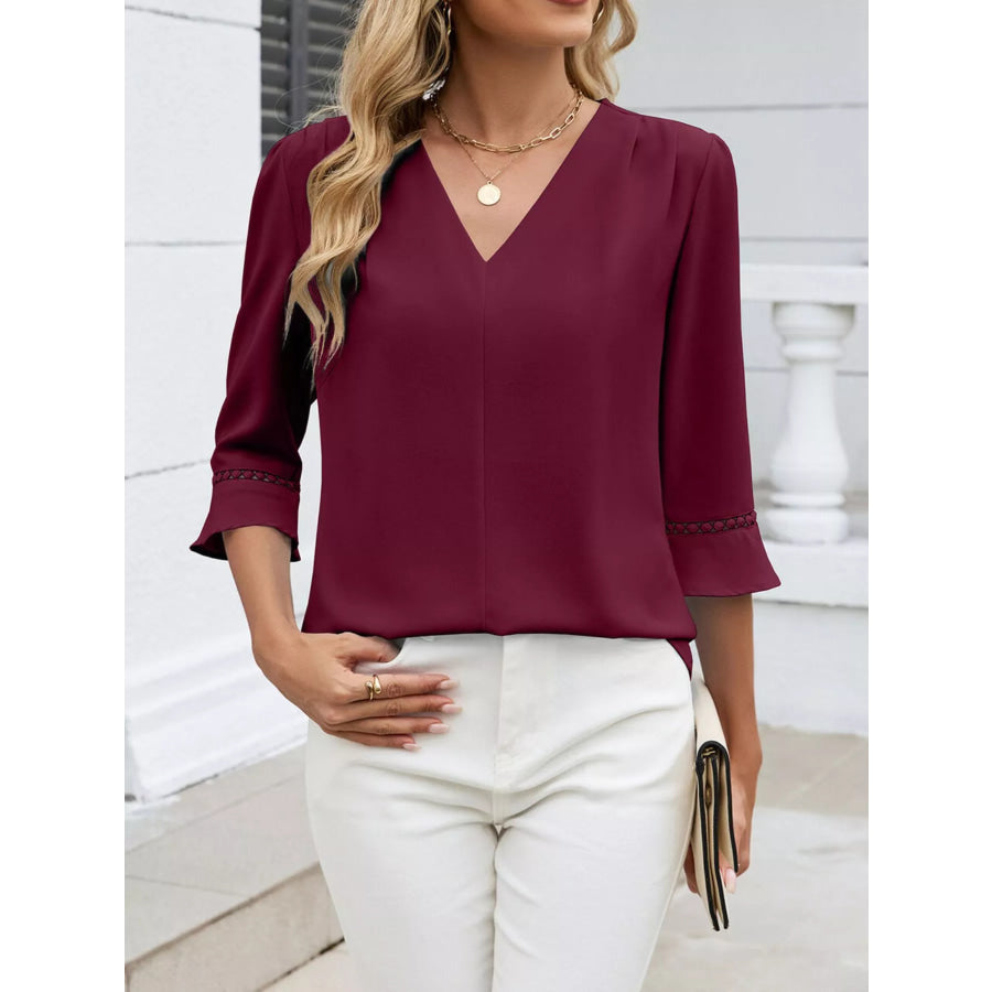 V-Neck 3/4 Sleeve Blouse Wine Red / S Apparel and Accessories