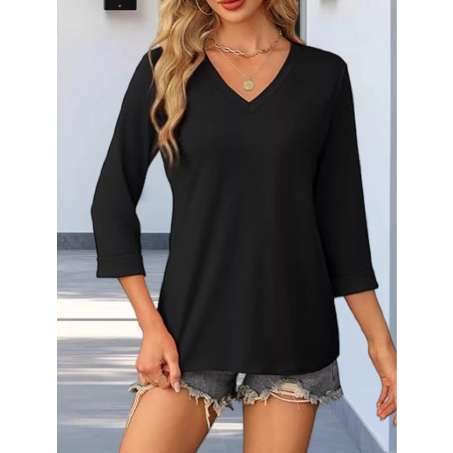 V-Neck 3/4 Sleeve T-Shirt Black / S Apparel and Accessories