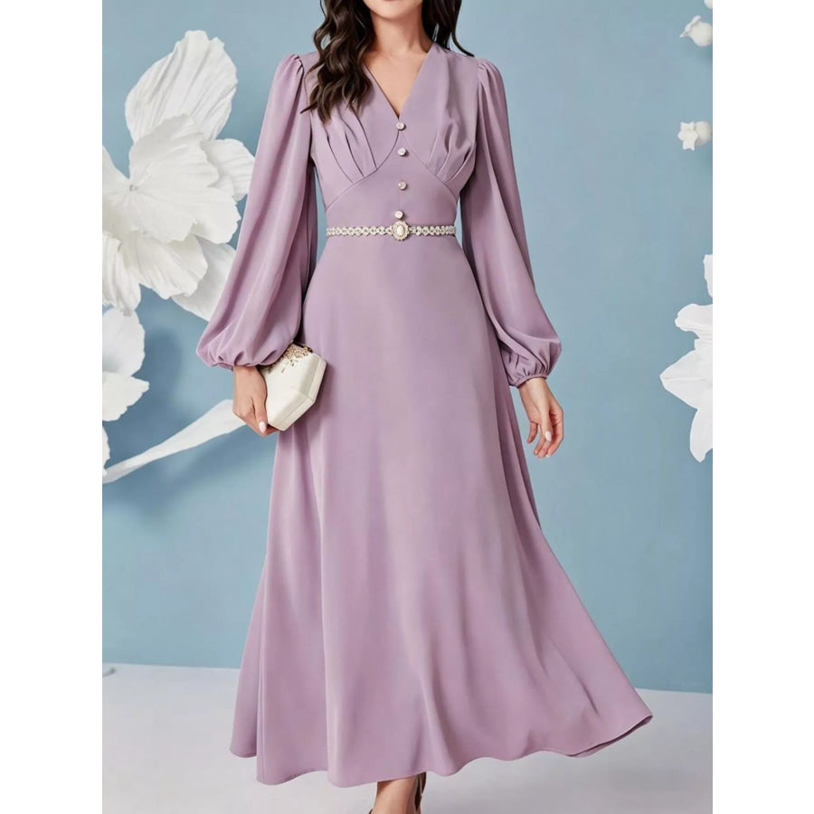 V-Neck Balloon Sleeve Maxi Dress Lavender / S Apparel and Accessories