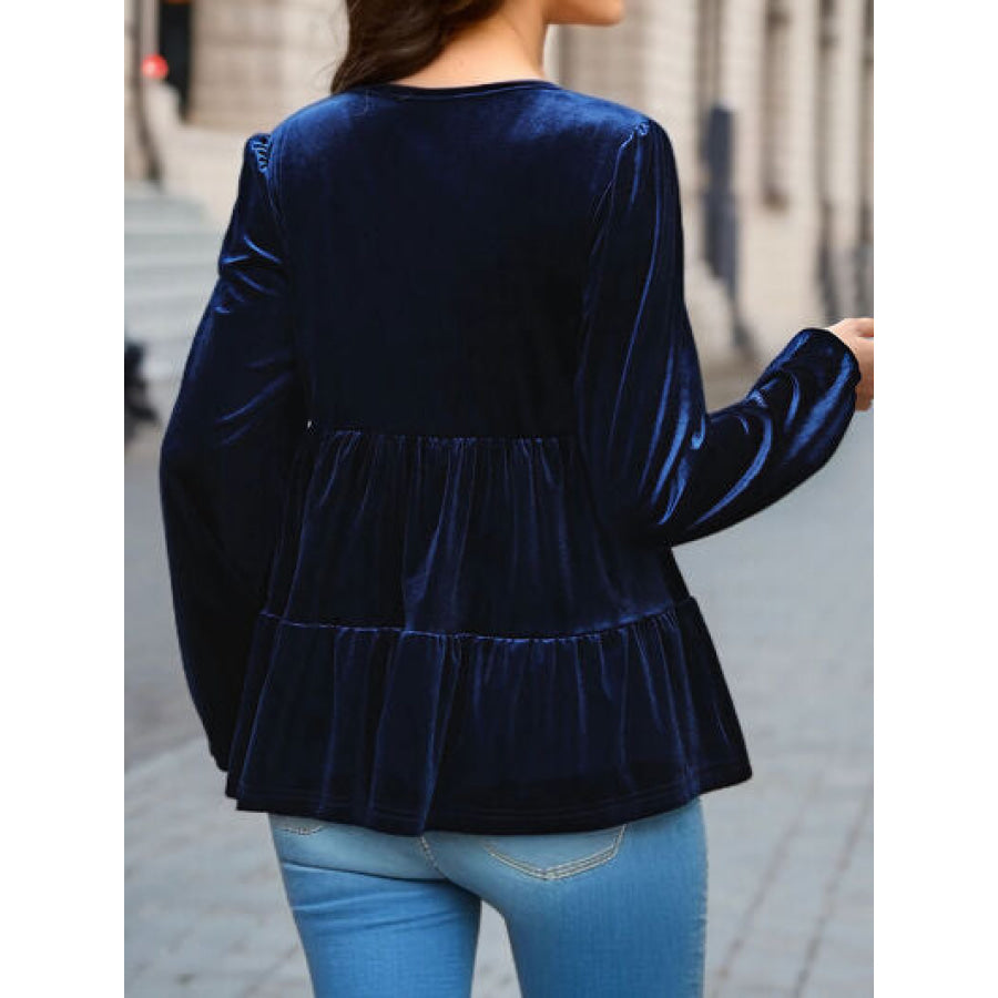 V - Neck Balloon Sleeve Peplum Blouse Navy / S Apparel and Accessories