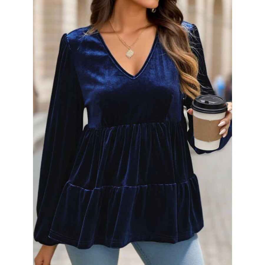 V - Neck Balloon Sleeve Peplum Blouse Apparel and Accessories