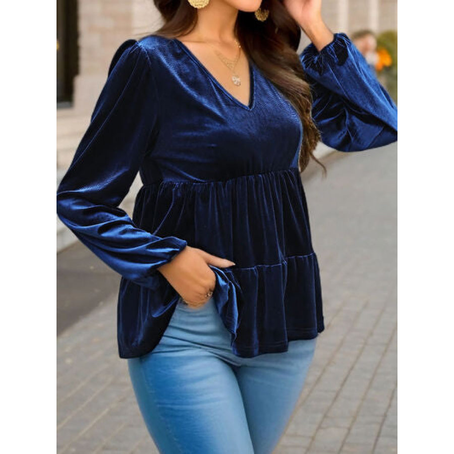 V - Neck Balloon Sleeve Peplum Blouse Apparel and Accessories