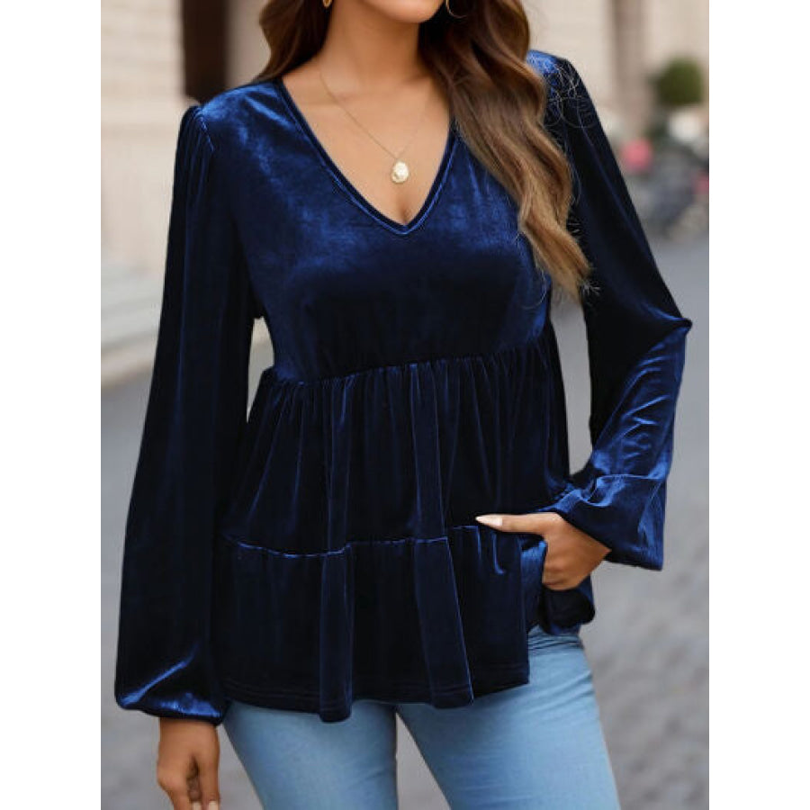 V - Neck Balloon Sleeve Peplum Blouse Apparel and Accessories