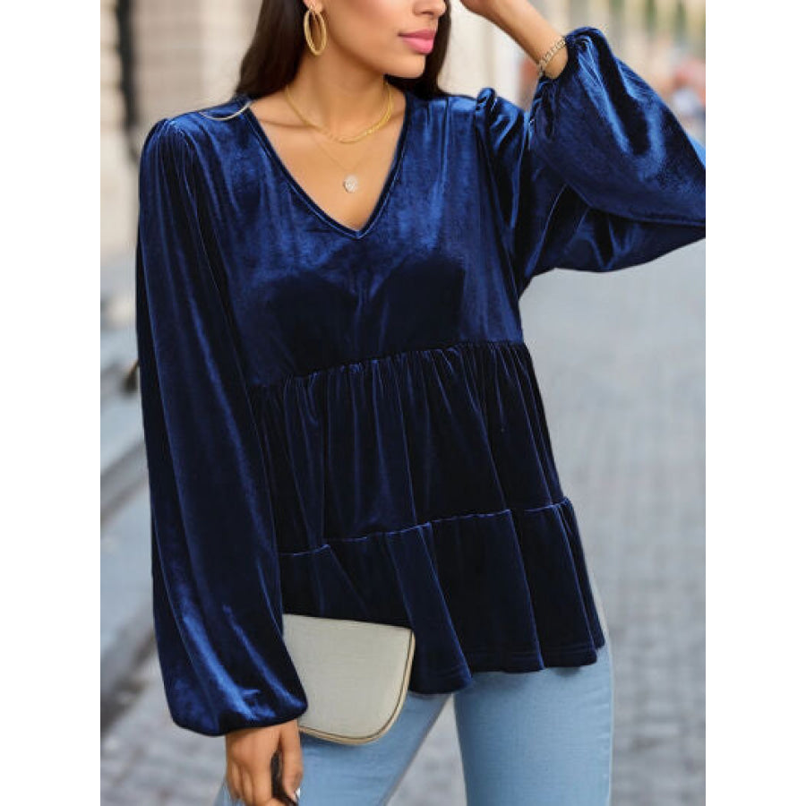 V - Neck Balloon Sleeve Peplum Blouse Apparel and Accessories