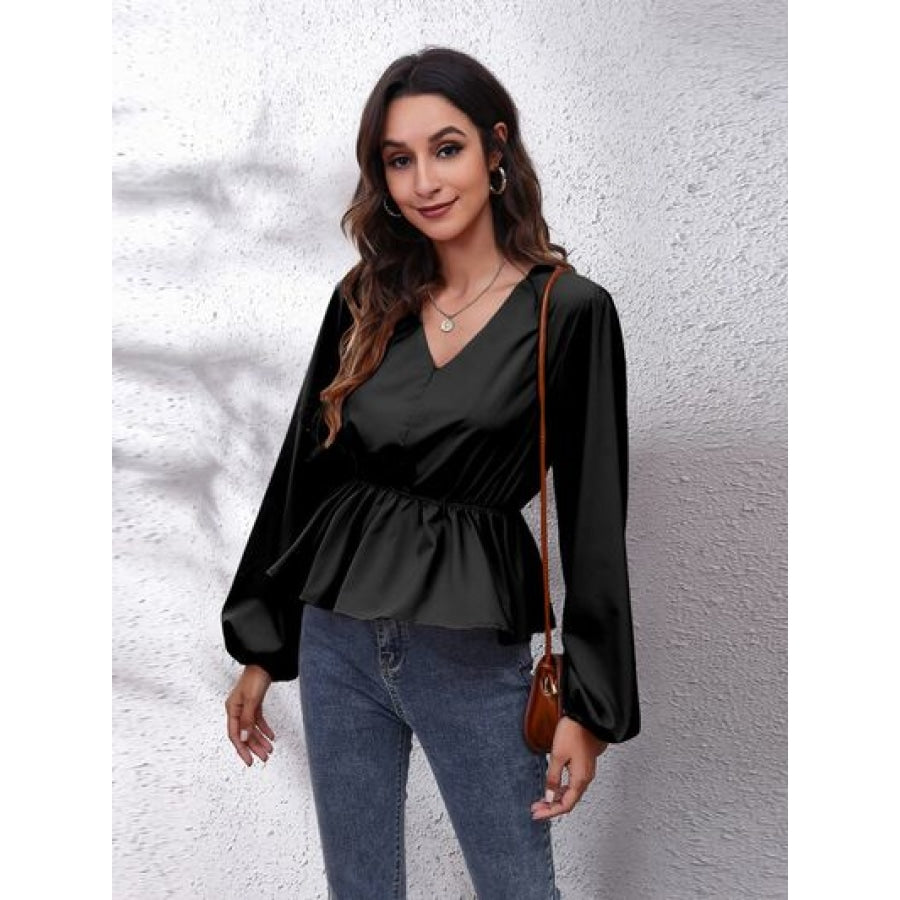 V-Neck Balloon Sleeve Peplum Blouse Black / S Clothing