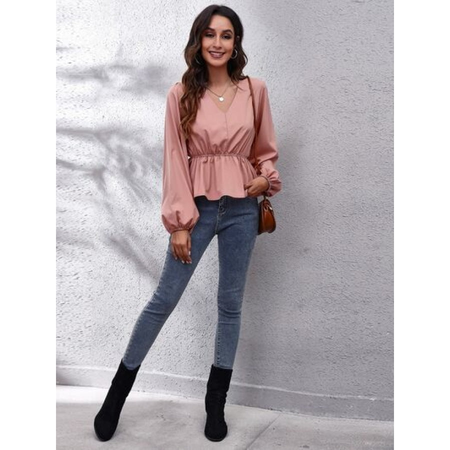 V-Neck Balloon Sleeve Peplum Blouse Clothing