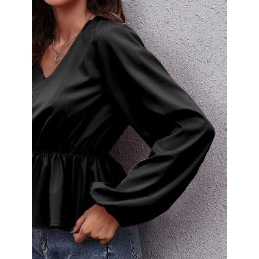 V-Neck Balloon Sleeve Peplum Blouse Clothing