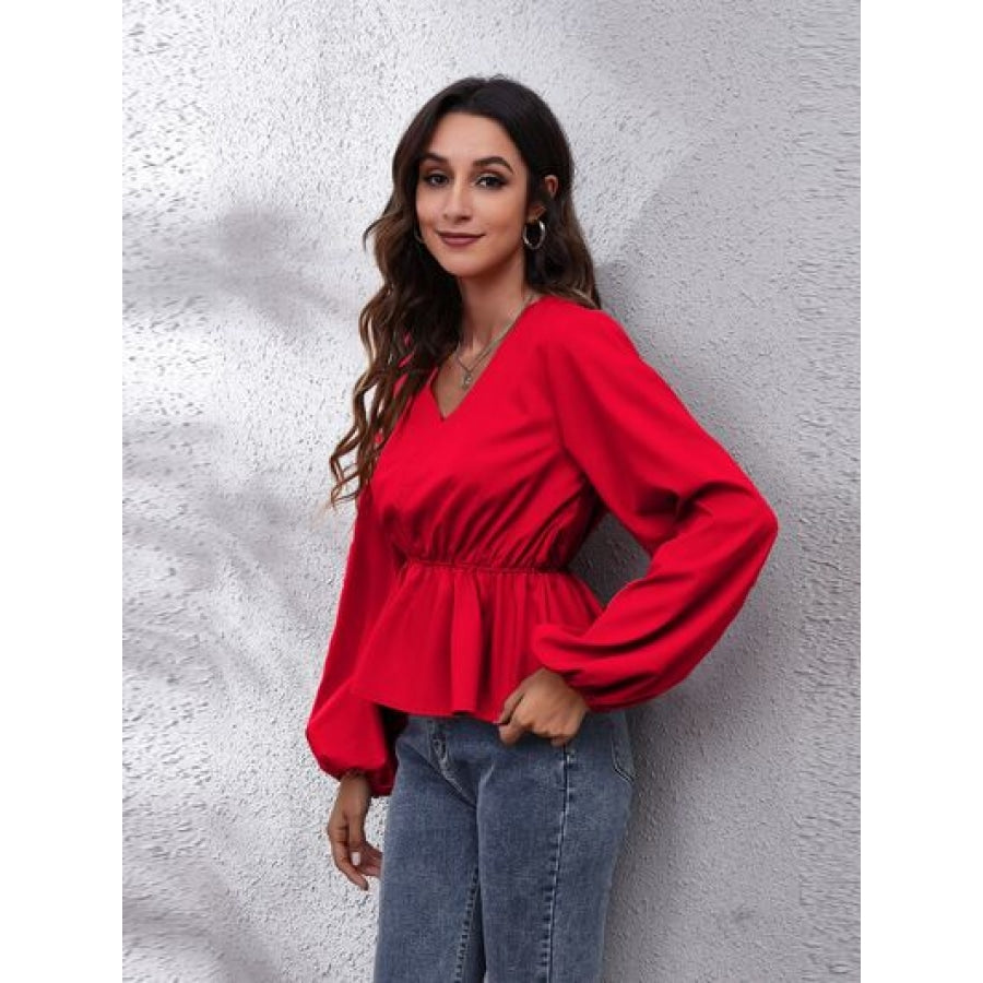 V-Neck Balloon Sleeve Peplum Blouse Clothing