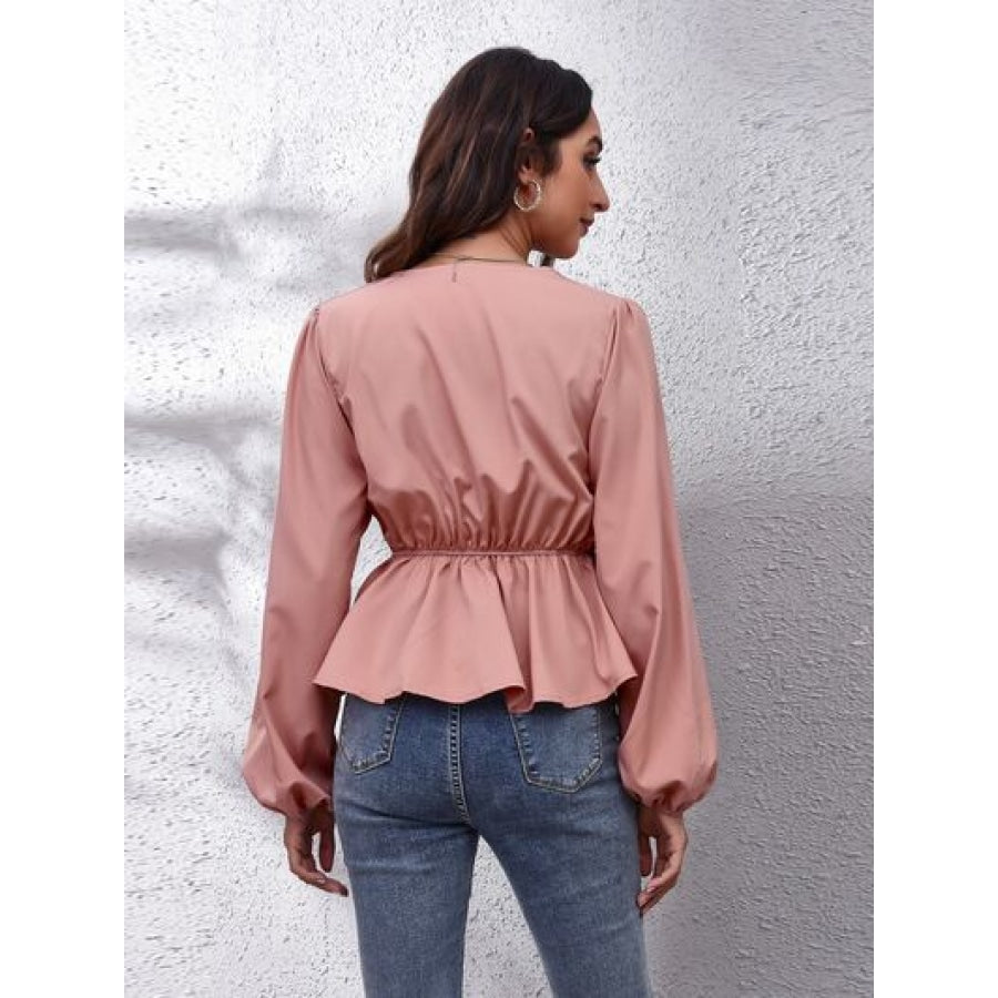 V-Neck Balloon Sleeve Peplum Blouse Clothing