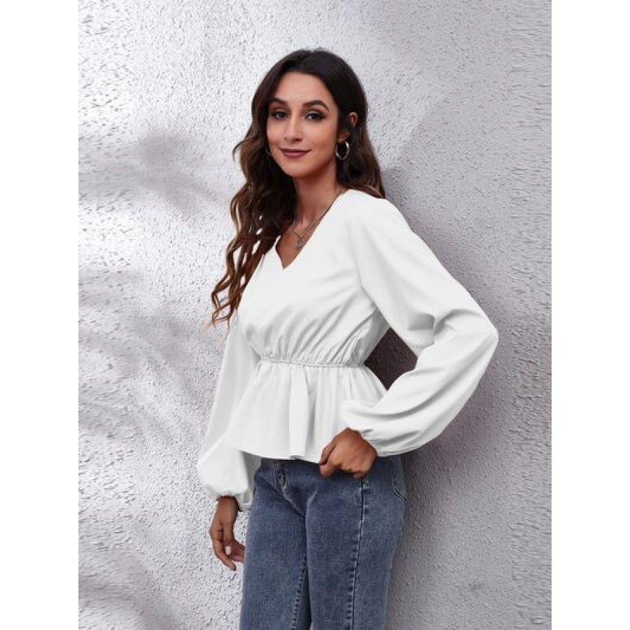 V-Neck Balloon Sleeve Peplum Blouse Clothing