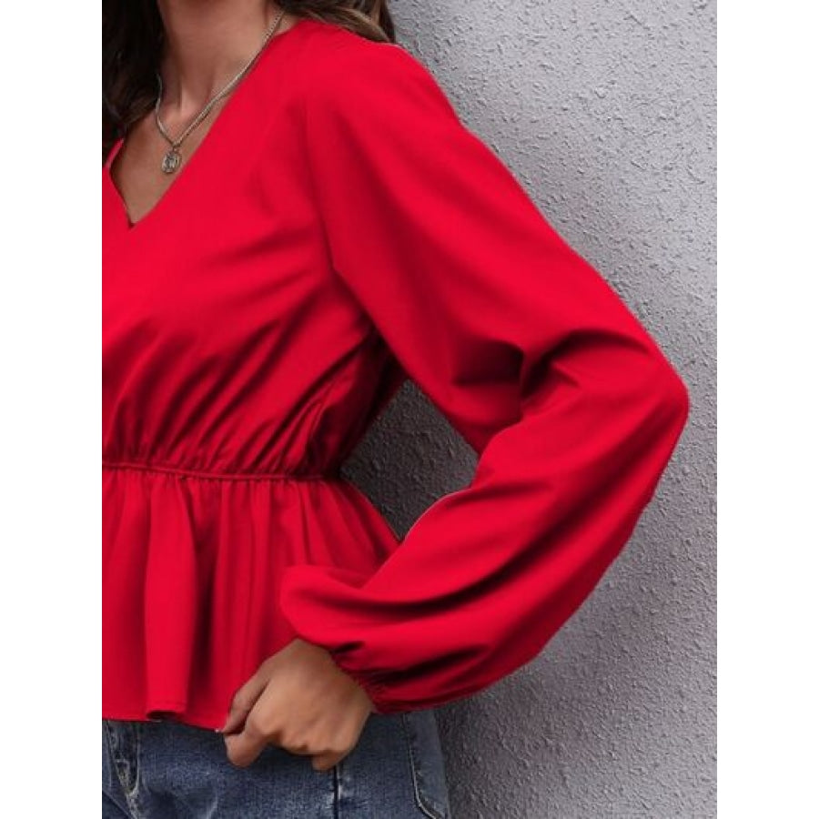 V-Neck Balloon Sleeve Peplum Blouse Clothing