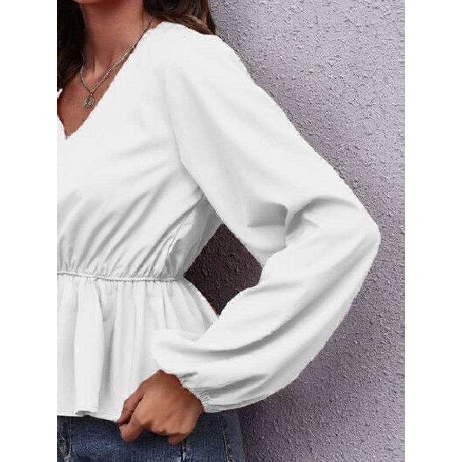 V-Neck Balloon Sleeve Peplum Blouse Clothing