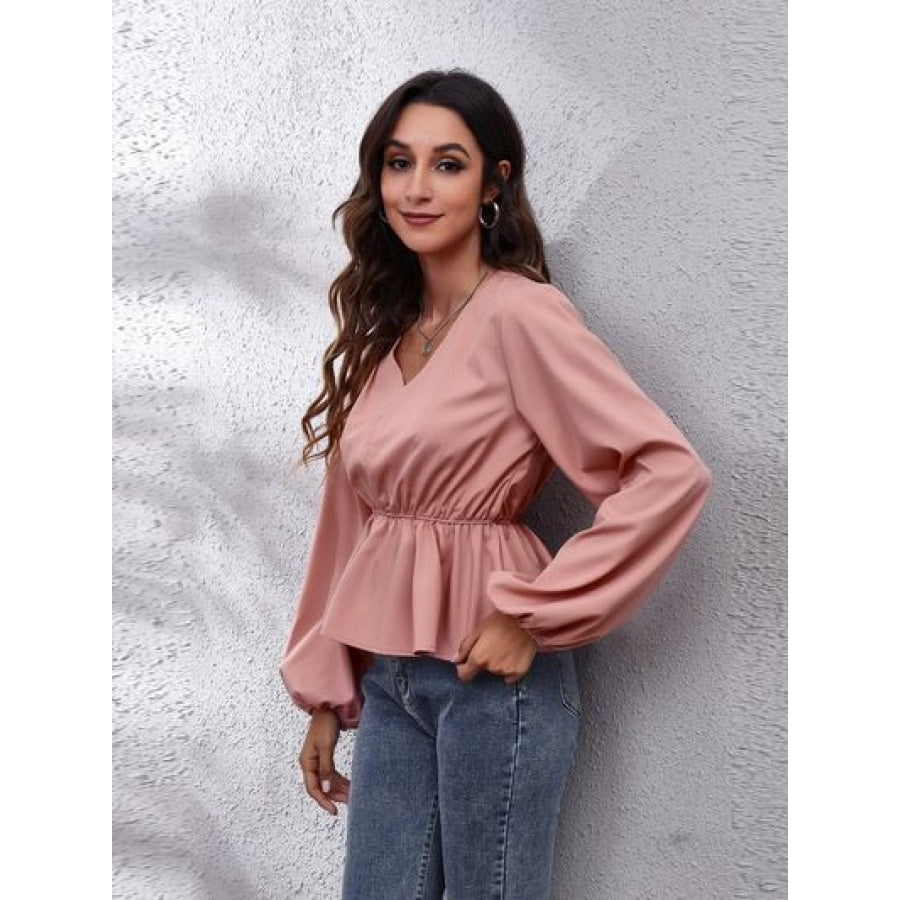 V-Neck Balloon Sleeve Peplum Blouse Clothing