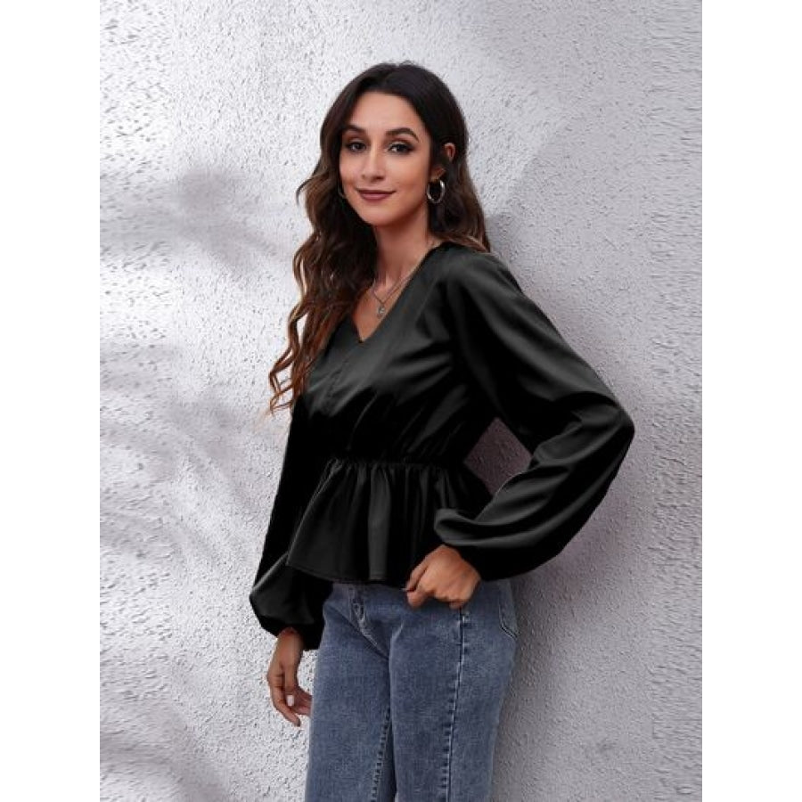 V-Neck Balloon Sleeve Peplum Blouse Clothing