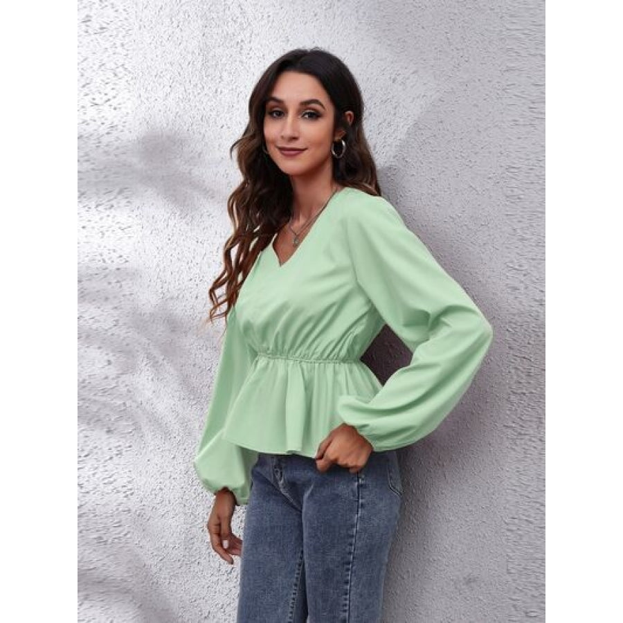 V-Neck Balloon Sleeve Peplum Blouse Clothing