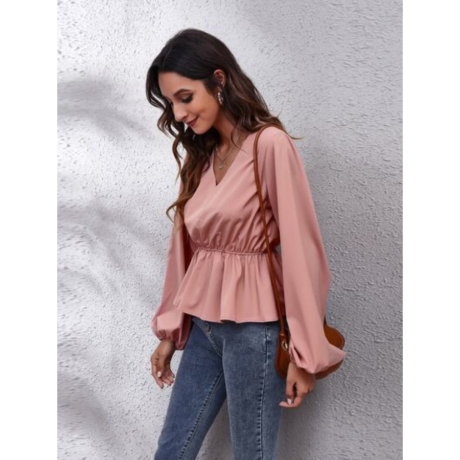 V-Neck Balloon Sleeve Peplum Blouse Clothing