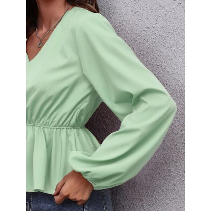 V-Neck Balloon Sleeve Peplum Blouse Clothing