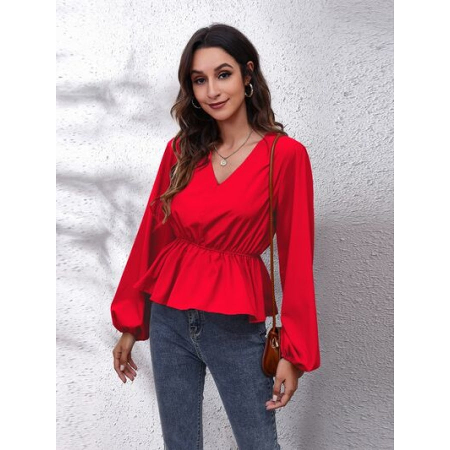 V-Neck Balloon Sleeve Peplum Blouse Deep Red / S Clothing