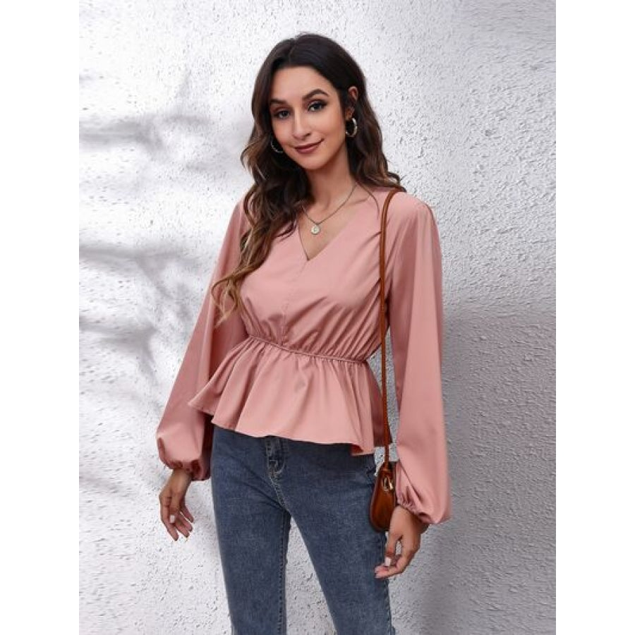 V-Neck Balloon Sleeve Peplum Blouse Dusty Pink / S Clothing