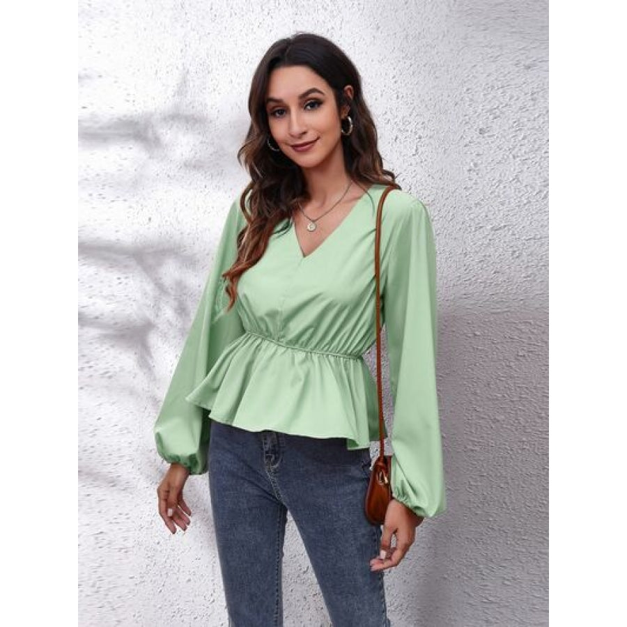 V-Neck Balloon Sleeve Peplum Blouse Light Green / S Clothing