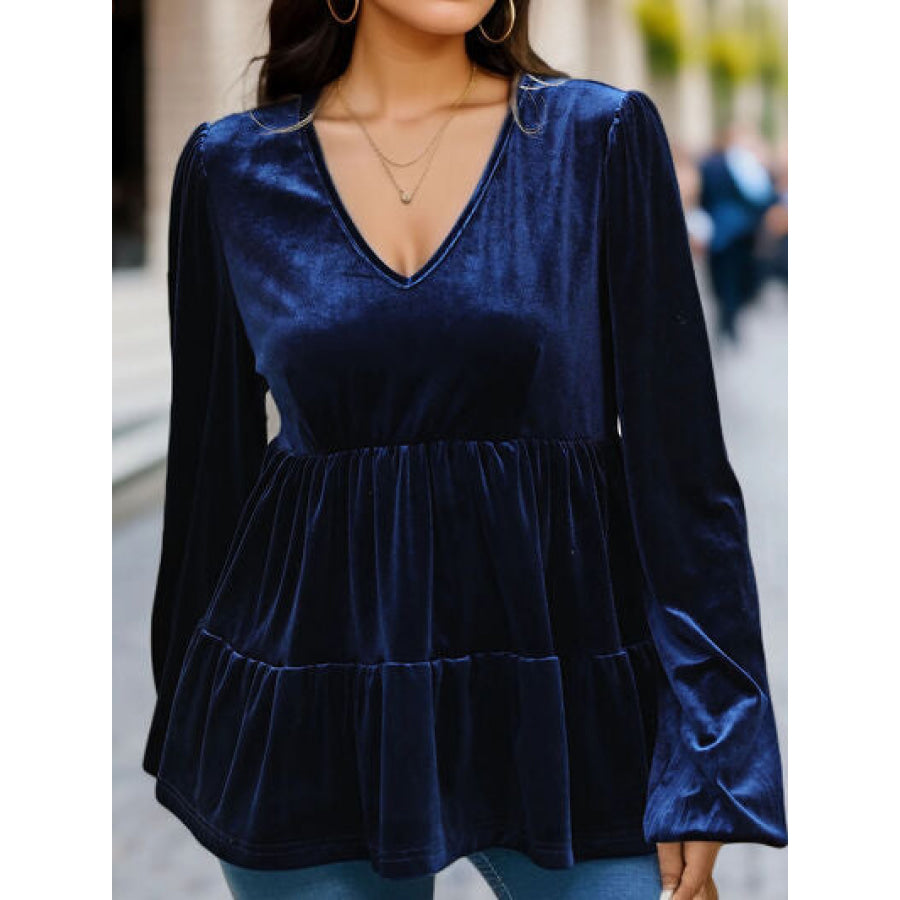 V - Neck Balloon Sleeve Peplum Blouse Navy / S Apparel and Accessories