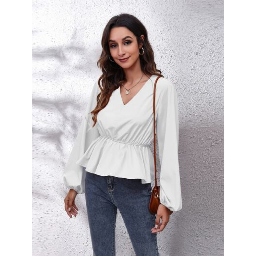 V-Neck Balloon Sleeve Peplum Blouse White / S Clothing