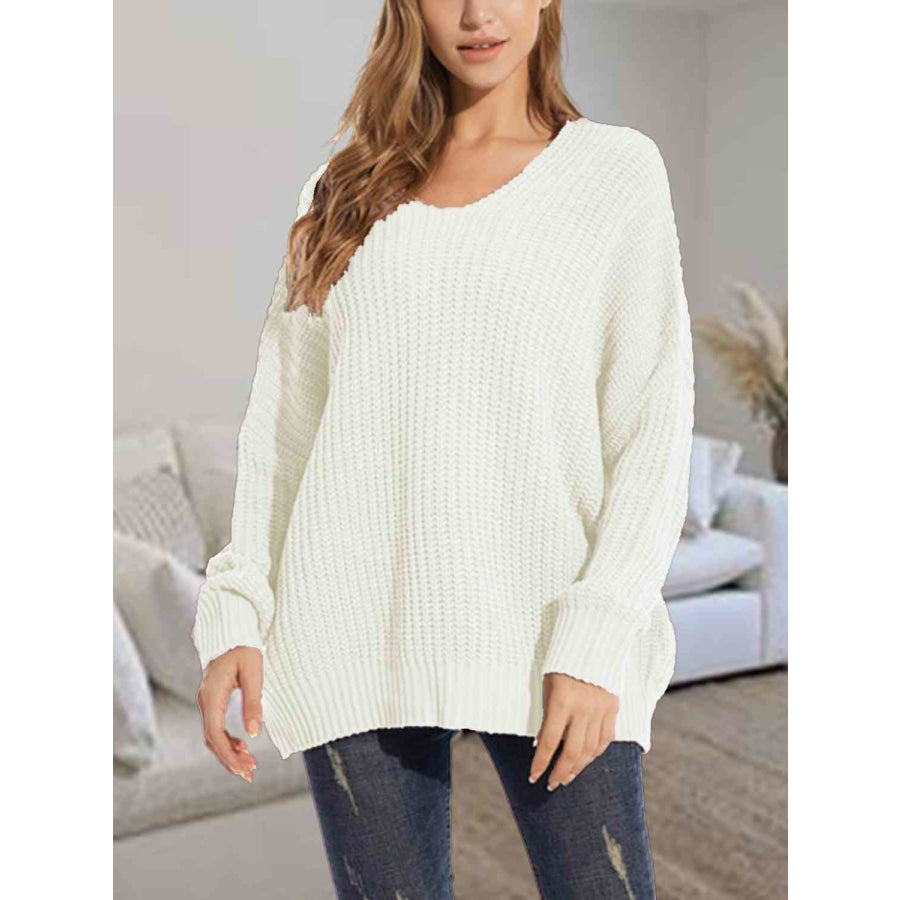 V-Neck Batwing Dropped Shoulder Sweater Ivory / S