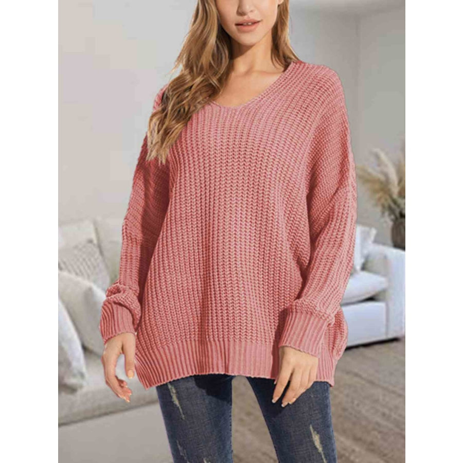 V-Neck Batwing Dropped Shoulder Sweater Light Mauve / S