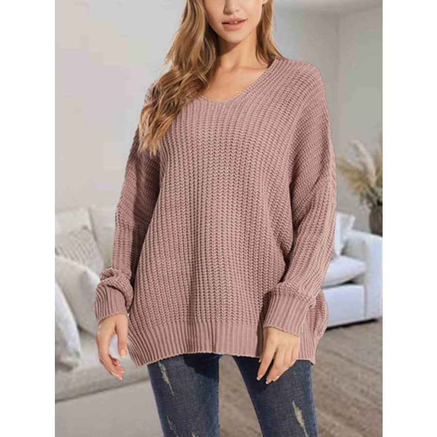 V-Neck Batwing Dropped Shoulder Sweater Mocha / S