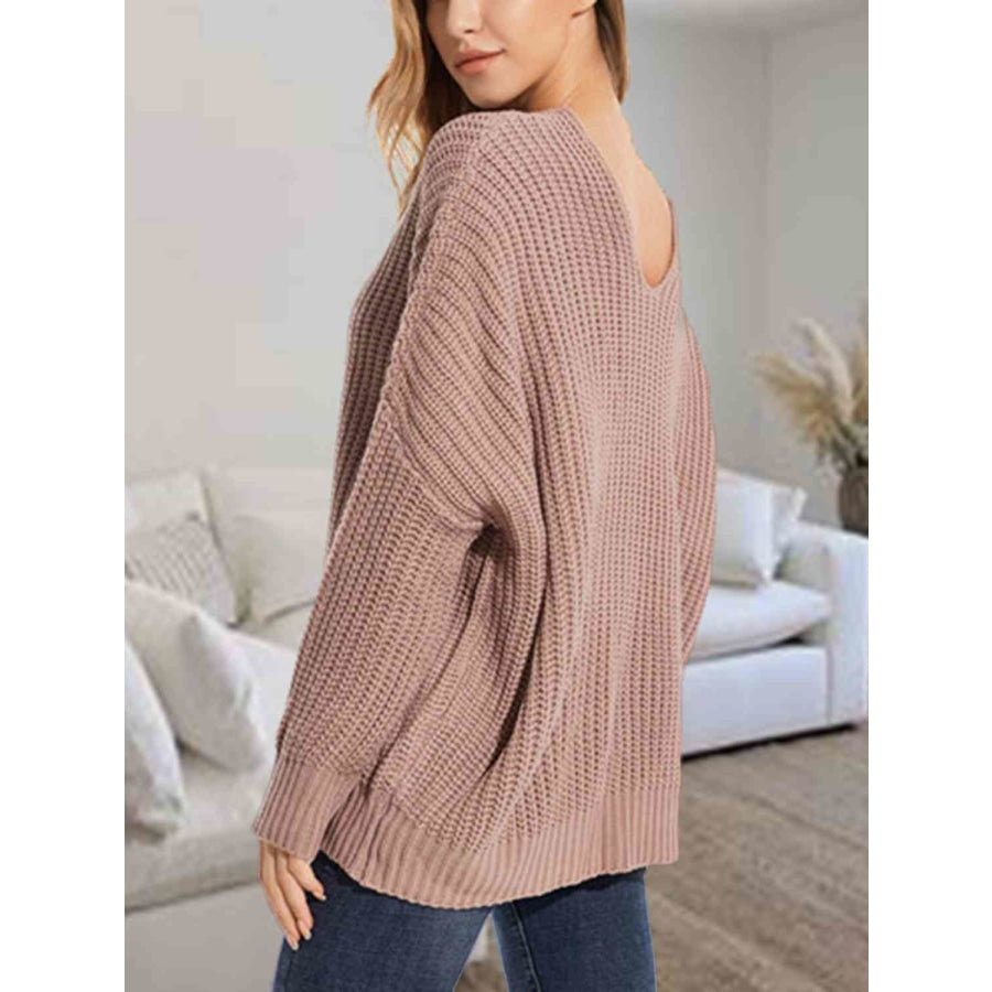 V-Neck Batwing Dropped Shoulder Sweater