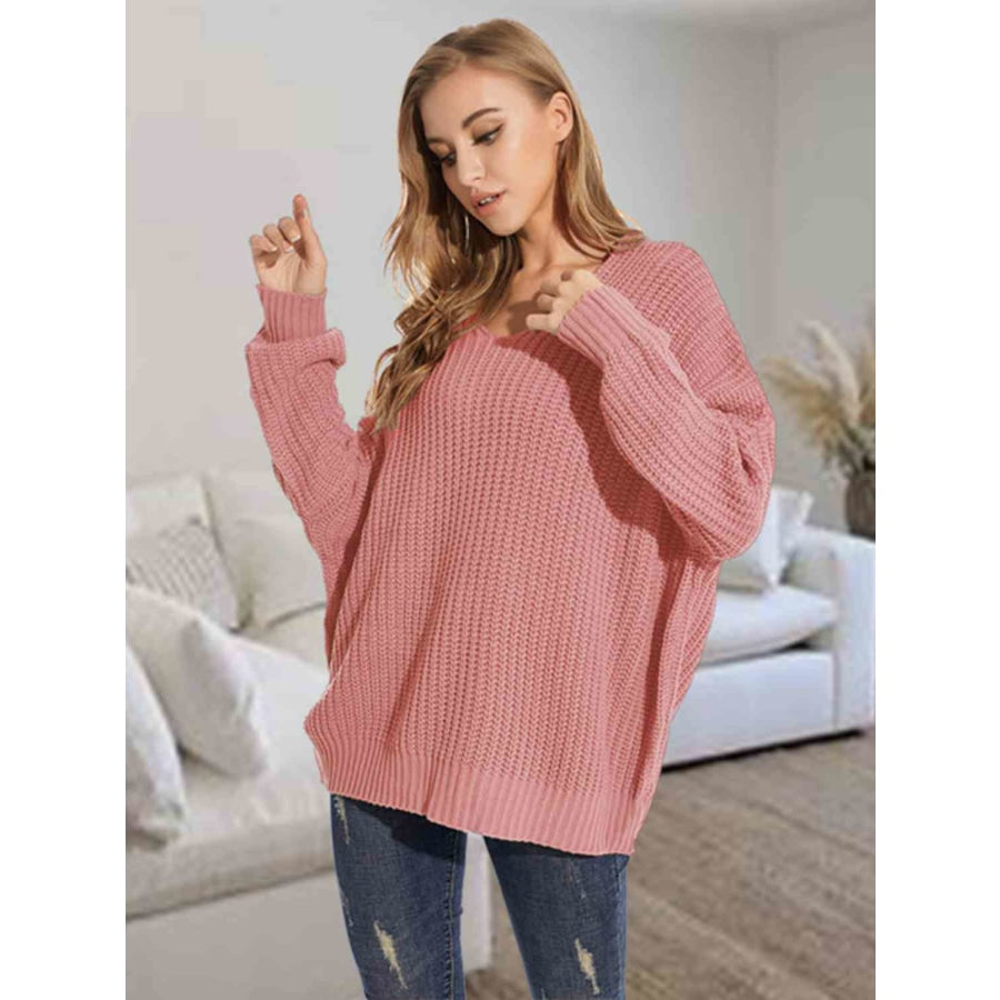 V-Neck Batwing Dropped Shoulder Sweater