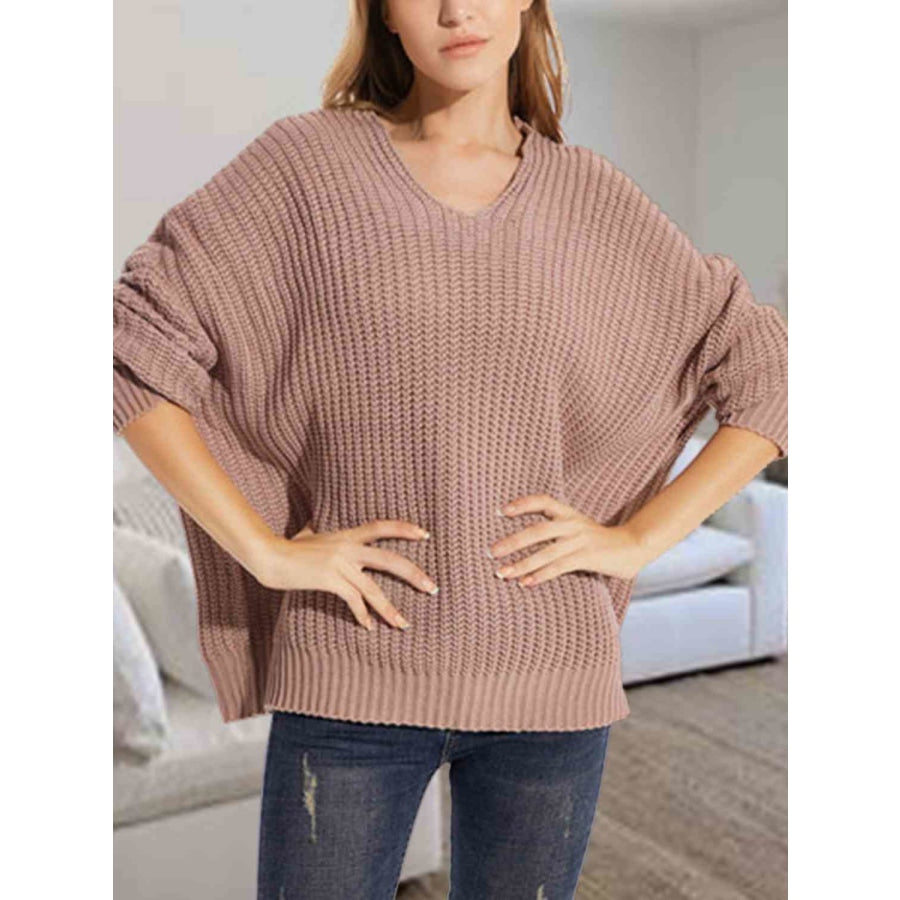 V-Neck Batwing Dropped Shoulder Sweater