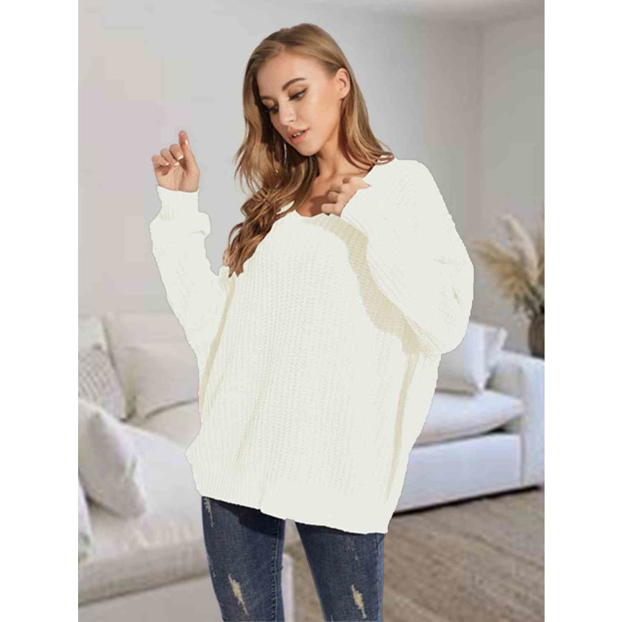 V-Neck Batwing Dropped Shoulder Sweater