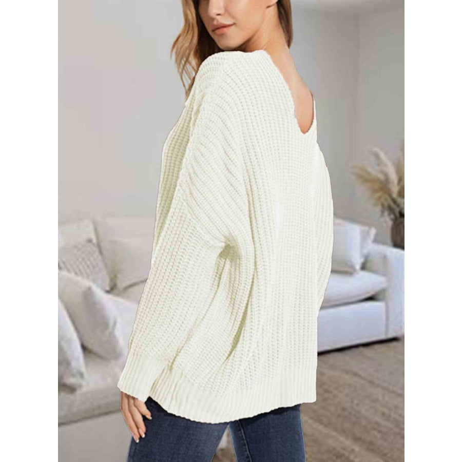 V-Neck Batwing Dropped Shoulder Sweater